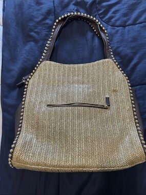 Big Buddha Gold Woven Shoulder Bag with Stud Trim